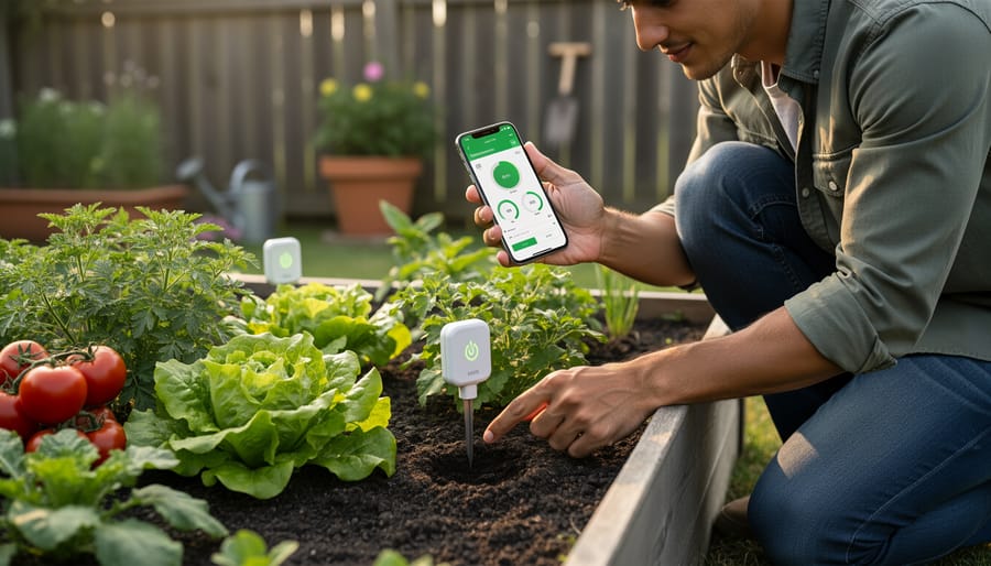 Close-up of hands using smartphone app to monitor soil sensor in home garden