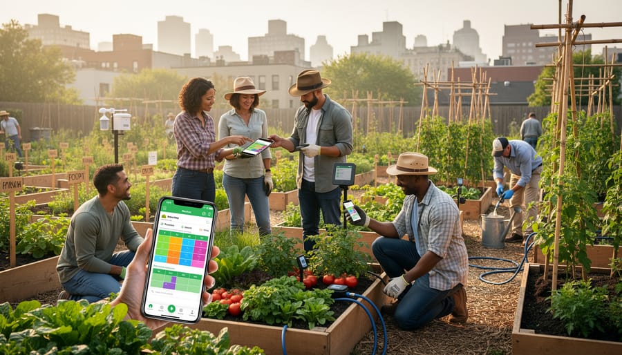 Overhead view of community gardeners using digital devices to share growing data around harvest table