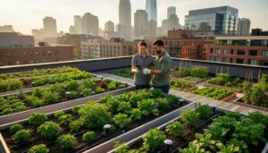 Elevated wide view of multiple rooftop gardens with planters, drip irrigation, and small soil sensors; two urban farmers compare a smartphone while tending beds; city skyline and a street-level community garden recede in the golden hour background.