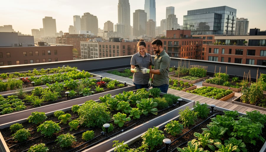 Elevated wide view of multiple rooftop gardens with planters, drip irrigation, and small soil sensors; two urban farmers compare a smartphone while tending beds; city skyline and a street-level community garden recede in the golden hour background.