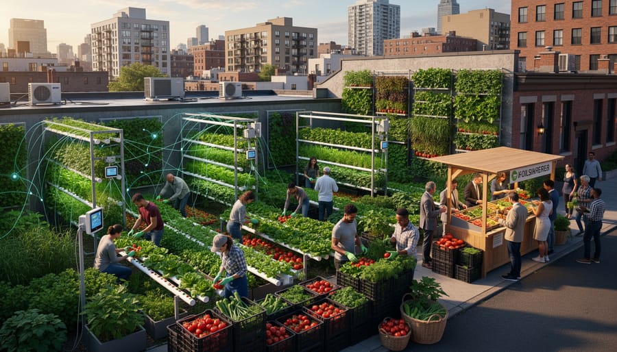 Rooftop urban garden with vegetables growing against city skyline backdrop