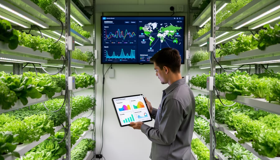 Vertical hydroponic farm with IoT sensors monitoring plant growth in urban setting