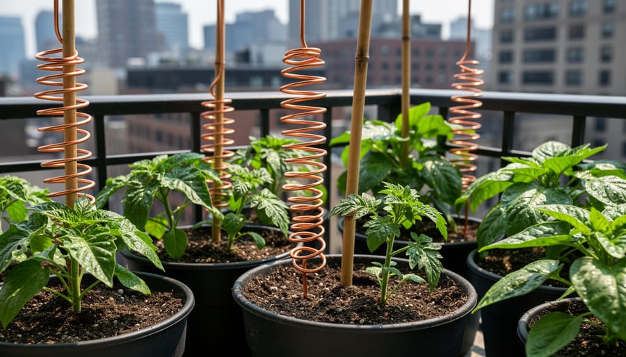 Tomato plants in container pots with small copper wire spirals attached to stakes