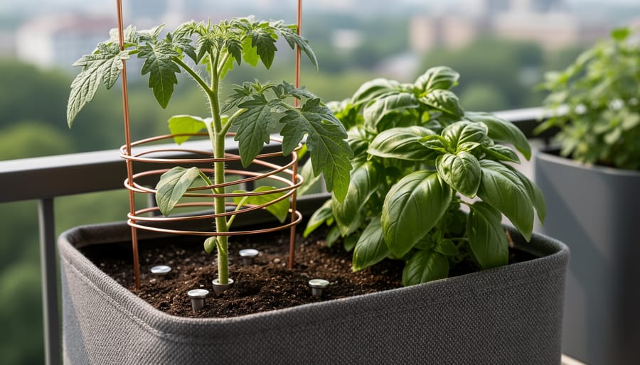 Close-up of a young tomato plant in a balcony container garden with coiled copper wire stakes and small magnets near the soil.