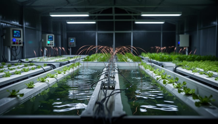 Moody hydroponic reservoir scene at night with reflective water and copper tubing near the growing tray
