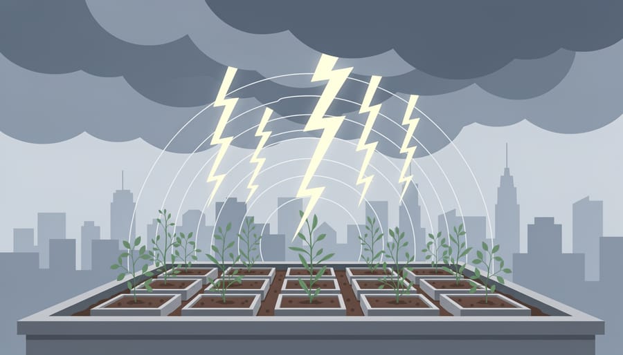 Rooftop garden planters beneath storm clouds with distant lightning glow