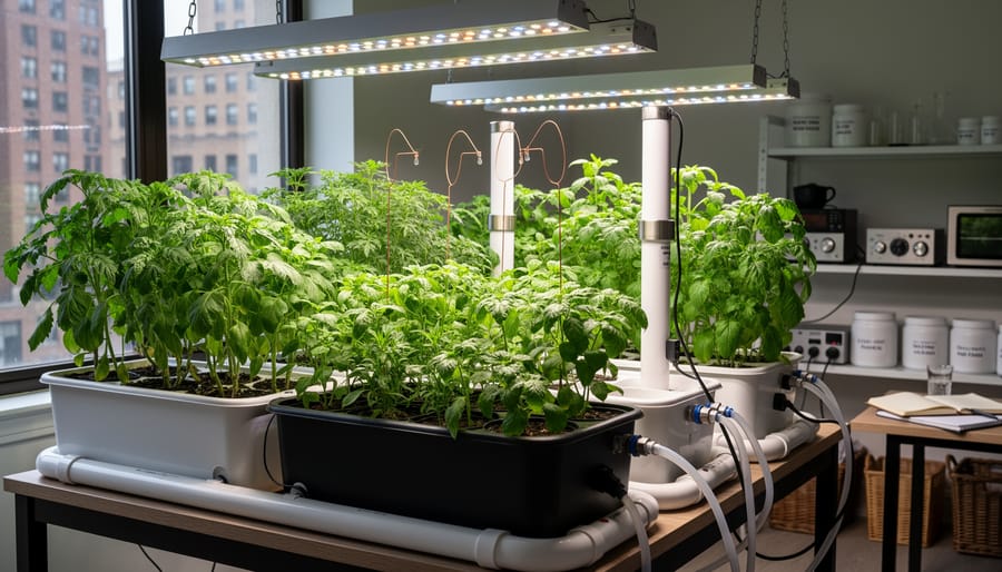 Healthy green lettuce growing in a compact indoor hydroponic system with visible water channels