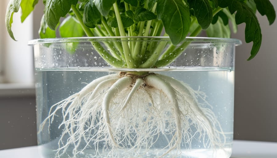 Clean, healthy hydroponic roots growing in a net pot under water