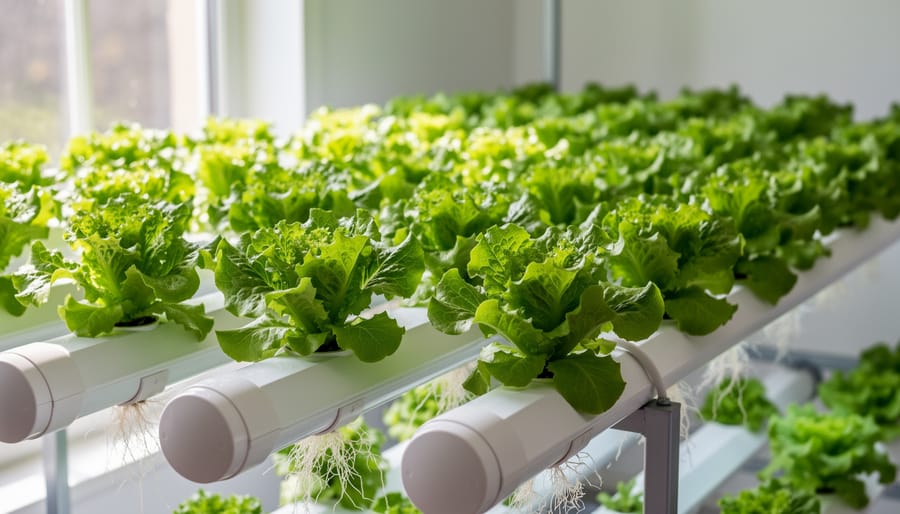 Close-up of fresh hydroponic lettuce leaves growing in a soil-less system