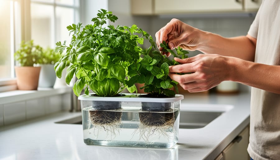 Gardener’s hands harvesting basil from a small hydroponic container