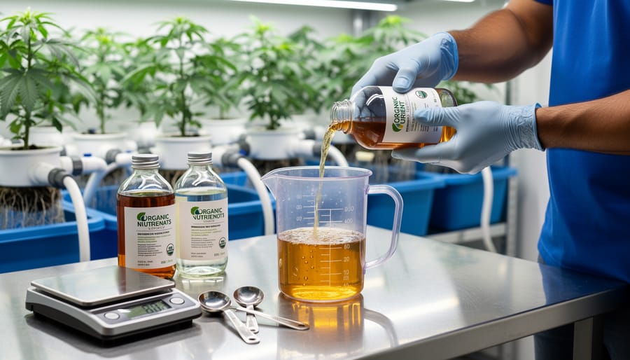 Hands mixing organic nutrient concentrate with water for hydroponic feeding