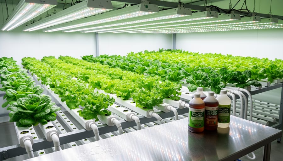 Indoor hydroponic grow room showing healthy leafy plants and nutrient equipment