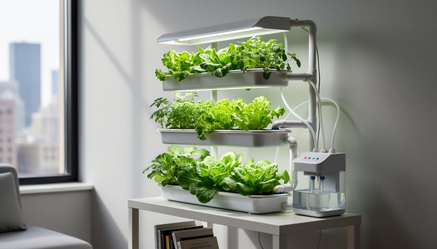 Leafy greens growing in a compact indoor hydroponic rack in an apartment corner
