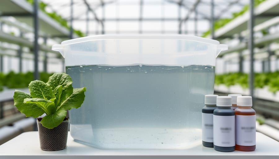 Close-up of a hydroponic nutrient reservoir with a leafy green lettuce seedling and nutrient bottles in a greenhouse setting.