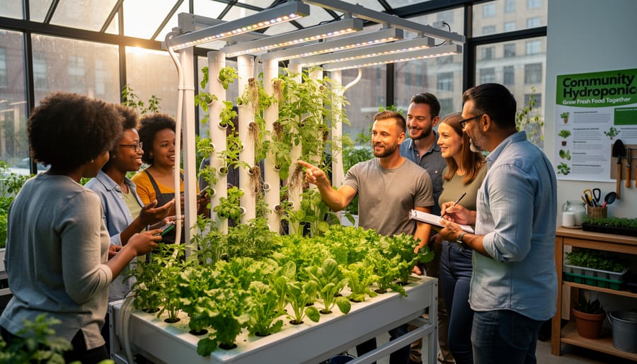 People gathering around a community hydroponic garden system