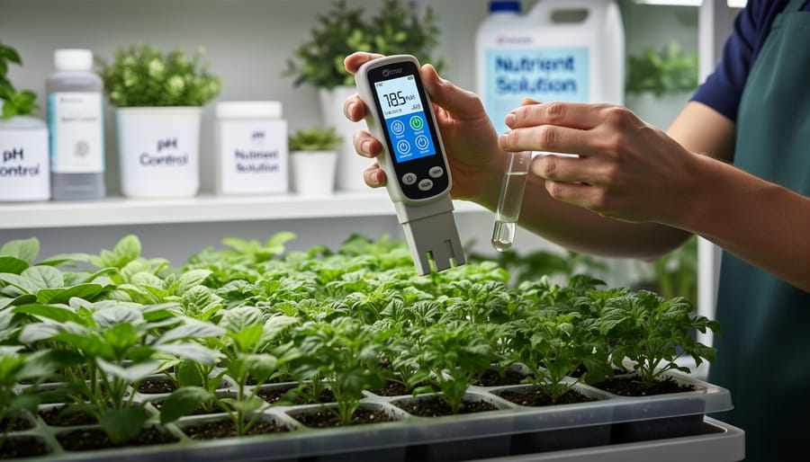Gloved hands using a handheld pH meter in a hydroponic setup