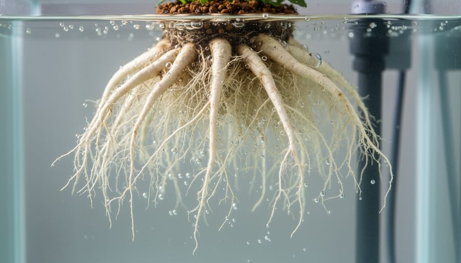 Macro view of healthy hydroponic plant roots on a tray