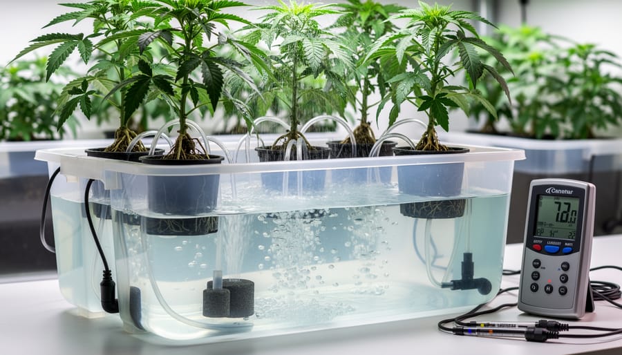 Hydroponic reservoir with clear nutrient solution and visible air tubing and pump hardware