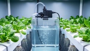 Healthy hydroponic seedlings in net pots beside a clear nutrient reservoir and functioning pump with flowing water in a clean grow setup.